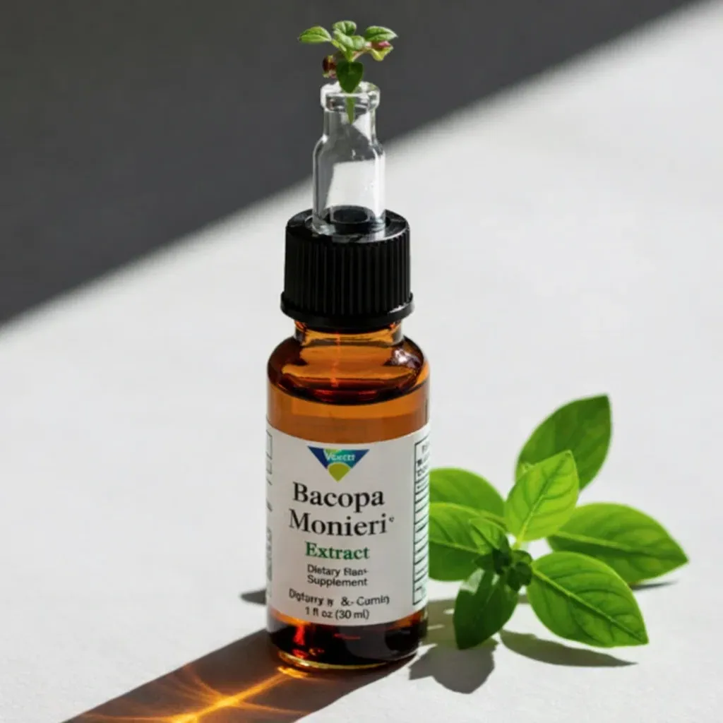 A bottle of bacopa extract beside fresh bacopa leaves