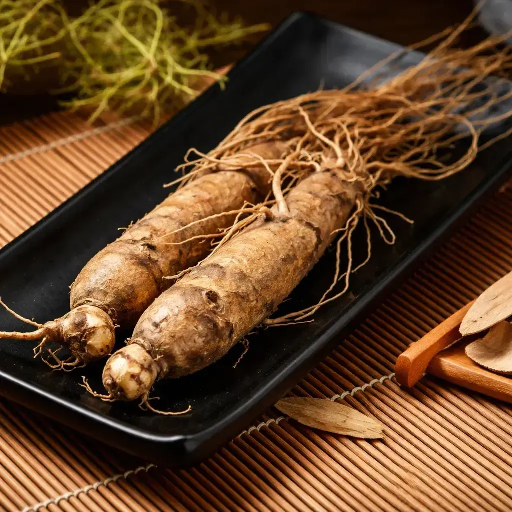 Whole Panax ginseng roots on a wooden board