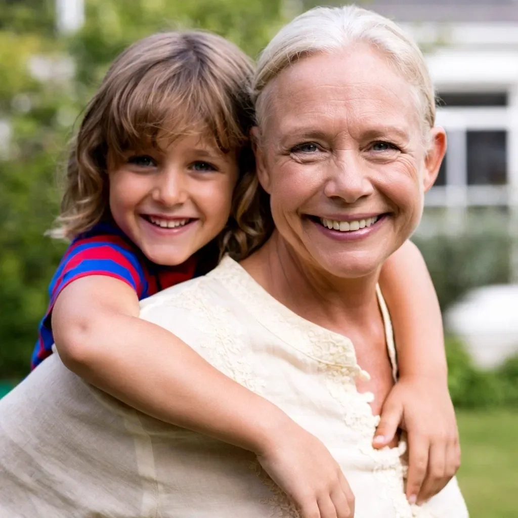 A smiling grandmother with a young child outdoors