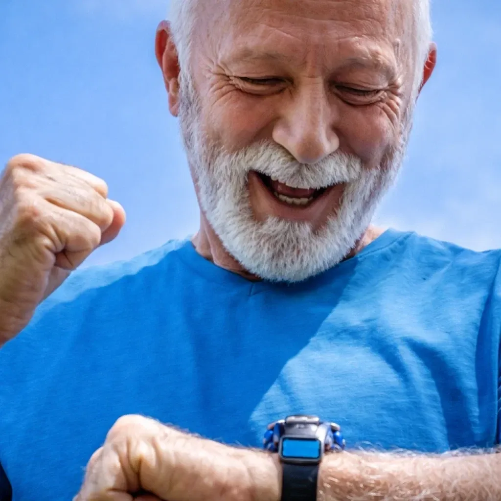 A cheerful older man outdoors checking his watch