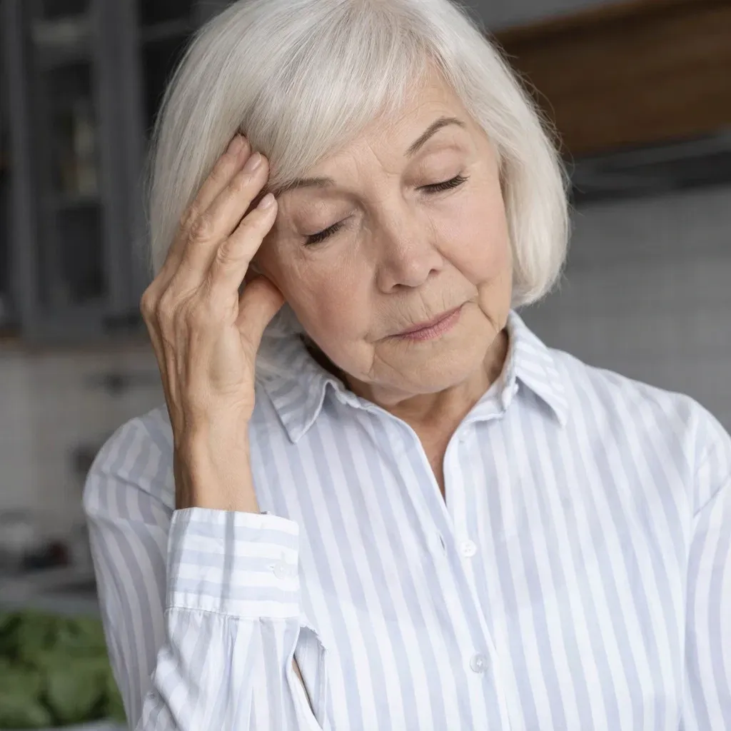 An older woman resting her head on her hand, deep in thought