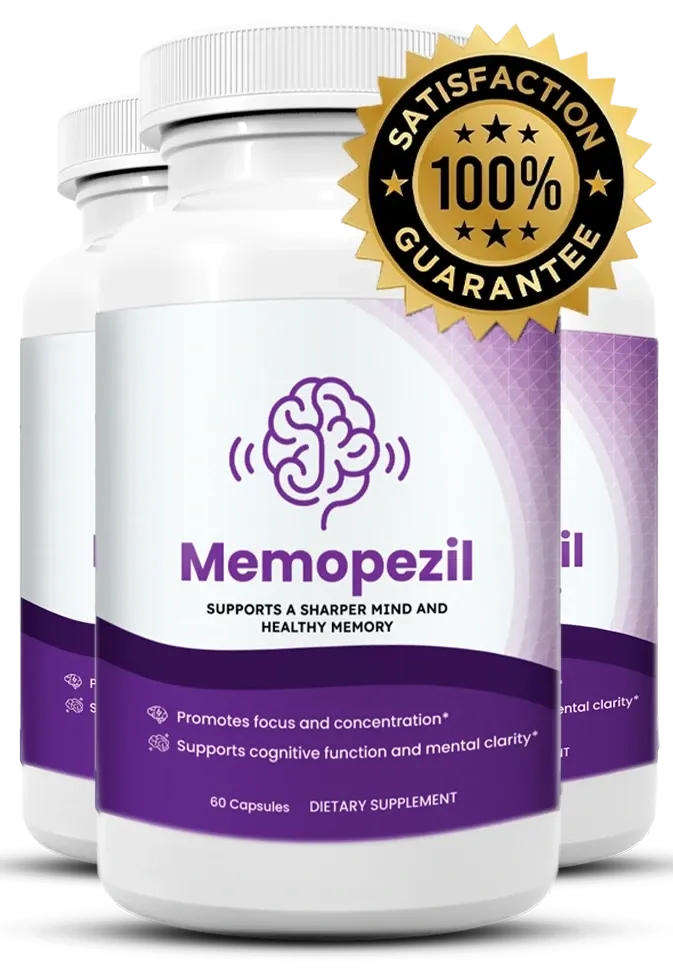 Memopezil bottles with a 100% satisfaction guarantee seal
