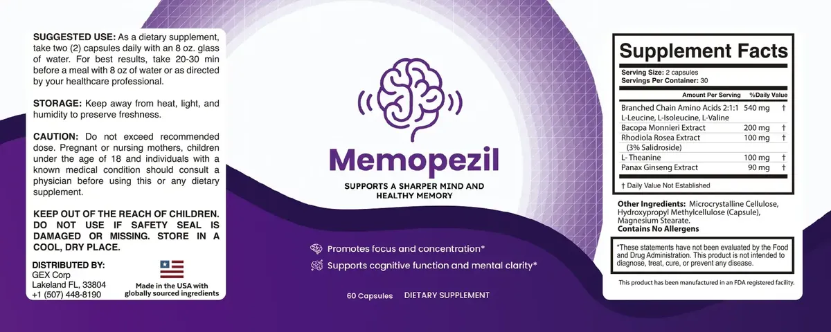 Full Memopezil label with suggested use, caution, front panel and Supplement Facts