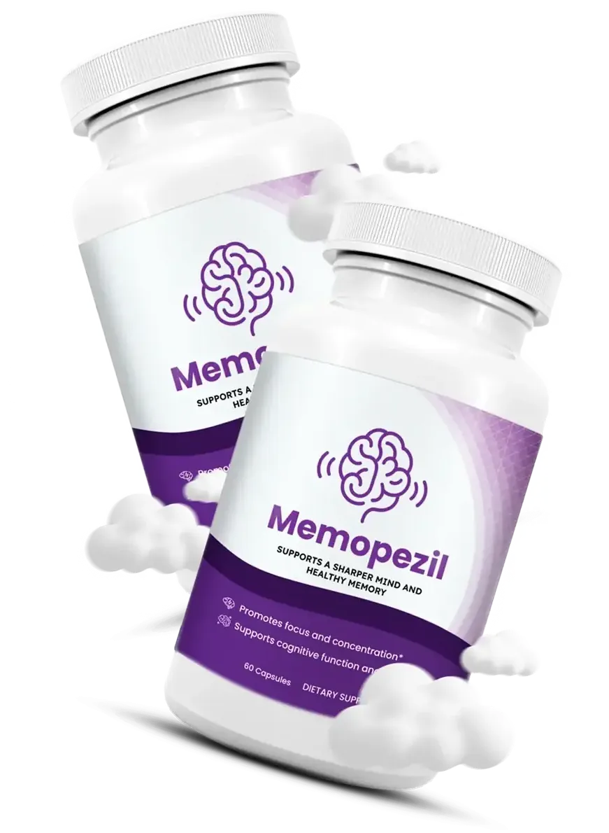 Two Memopezil bottles with purple labels and a brain logo, Supports a Sharper Mind and Healthy Memory, with capsules