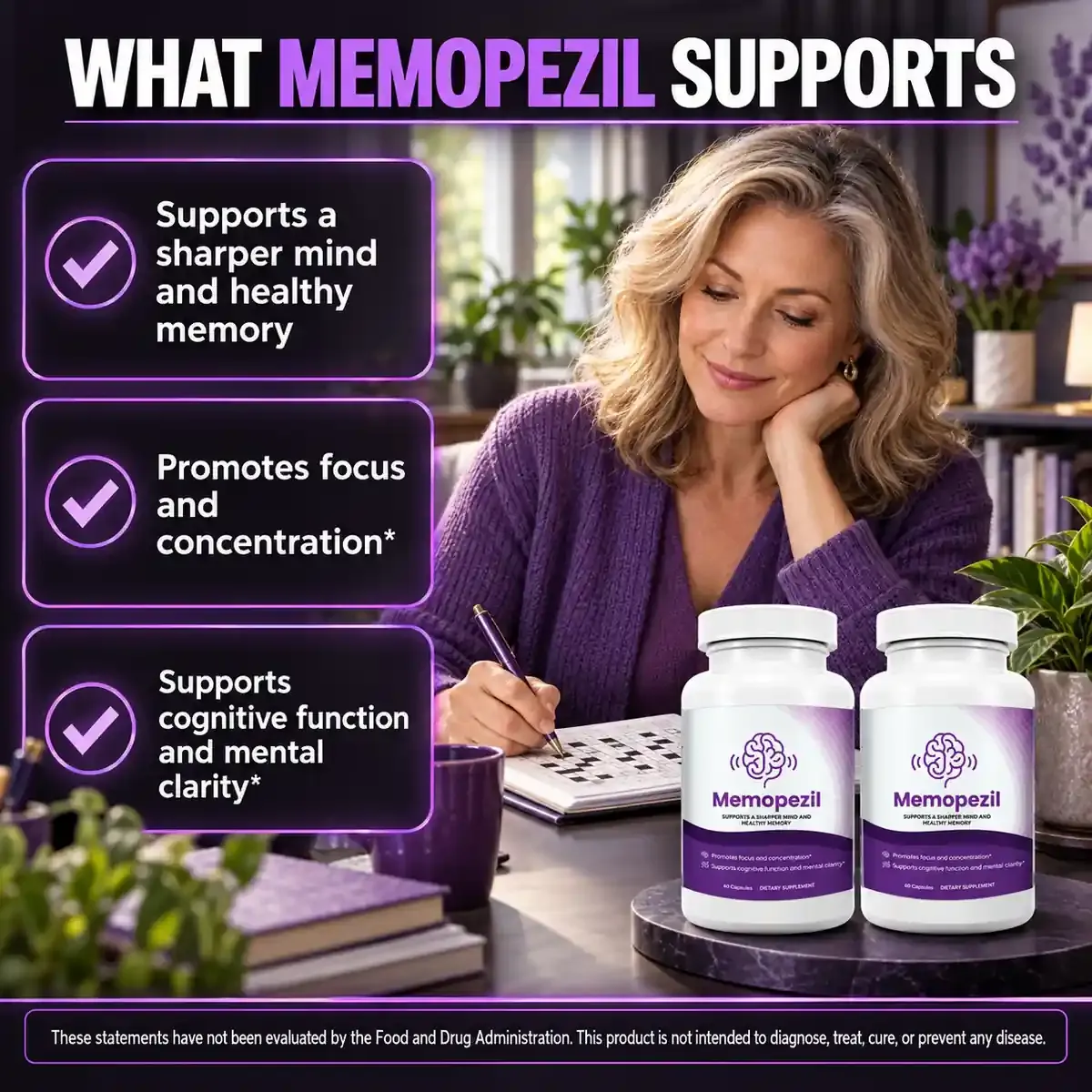 What Memopezil supports graphic from the brand: sharper mind and healthy memory, focus and concentration, cognitive function and mental clarity